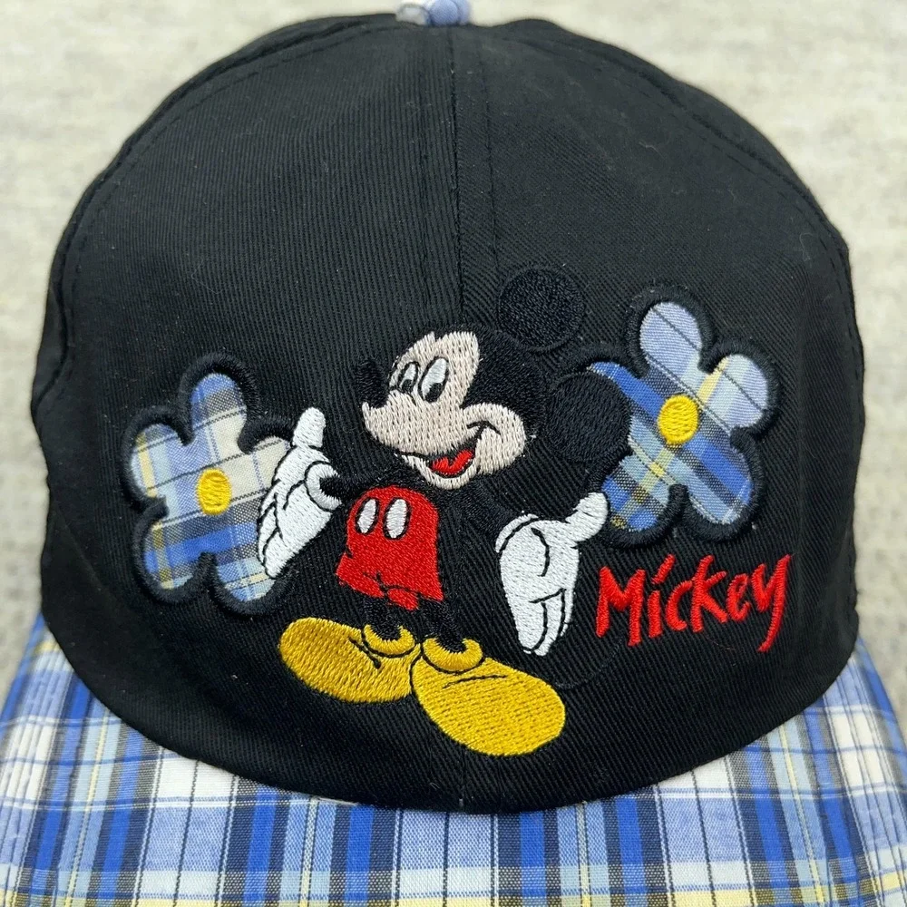 Vintage Disney‎ Hat Cap Womens Stretch Fit Black Blue Plaid Mickey Mouse 90s Y2K